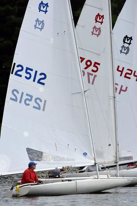 MC Scow class boats lined up for the start. This was taken during the Harvest Half Moon Regatta.