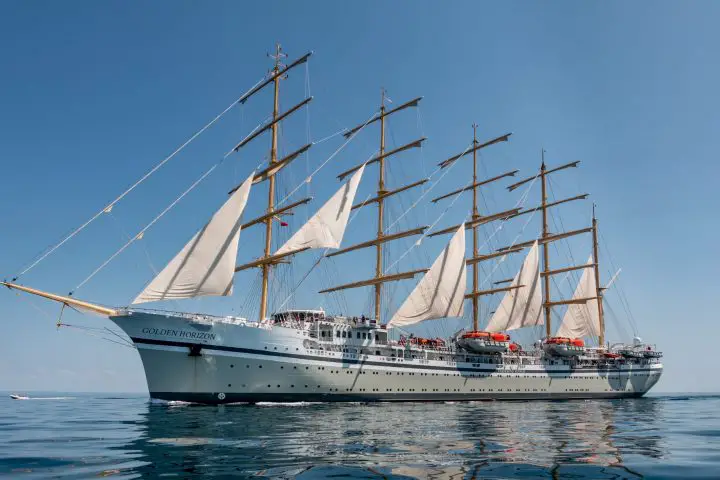 The Golden Horizon, the worlds largest sailing vessel entering Torbay, Devon