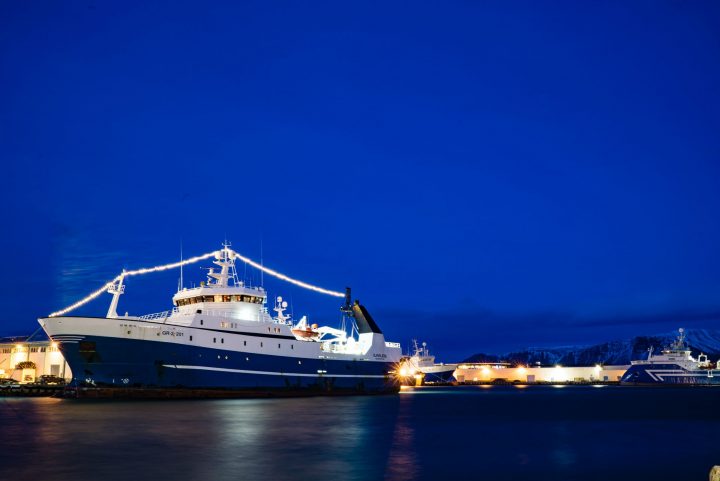 Boats display a wide variety of lights at night